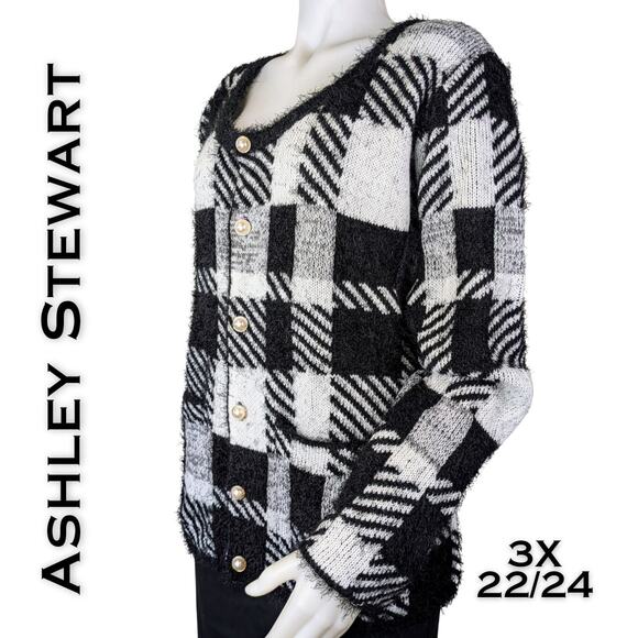 Ashley Stewart Cardigan Sweater 3X Black White Plaid Check Fuzzy Knit Preppy - Picture 1 of 9
